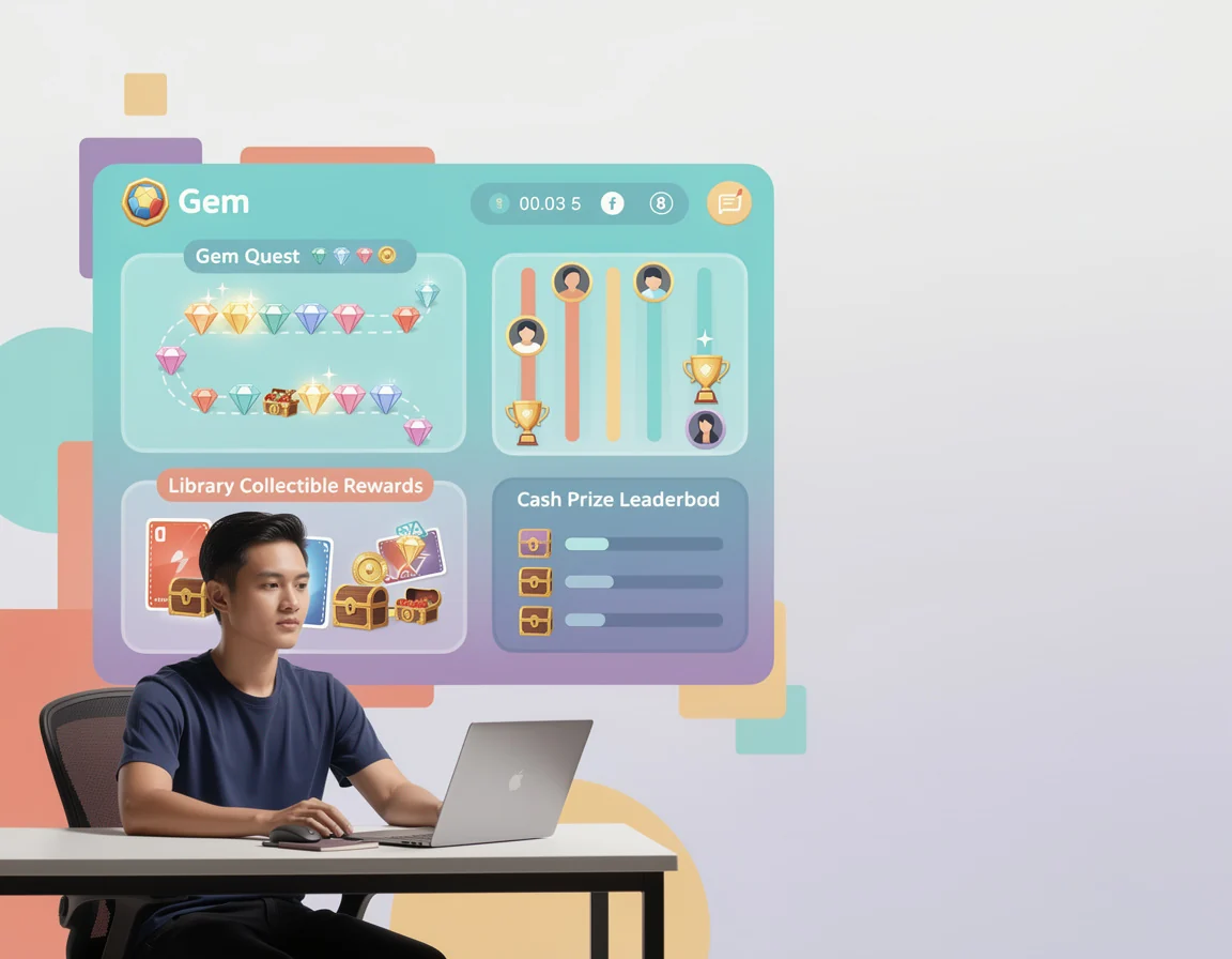 Ilustrasi Cara memulai gem quest tanpa salah membaca reward untuk library collectible reward untuk gem quest dan cash prize leaderboard berbasis skill